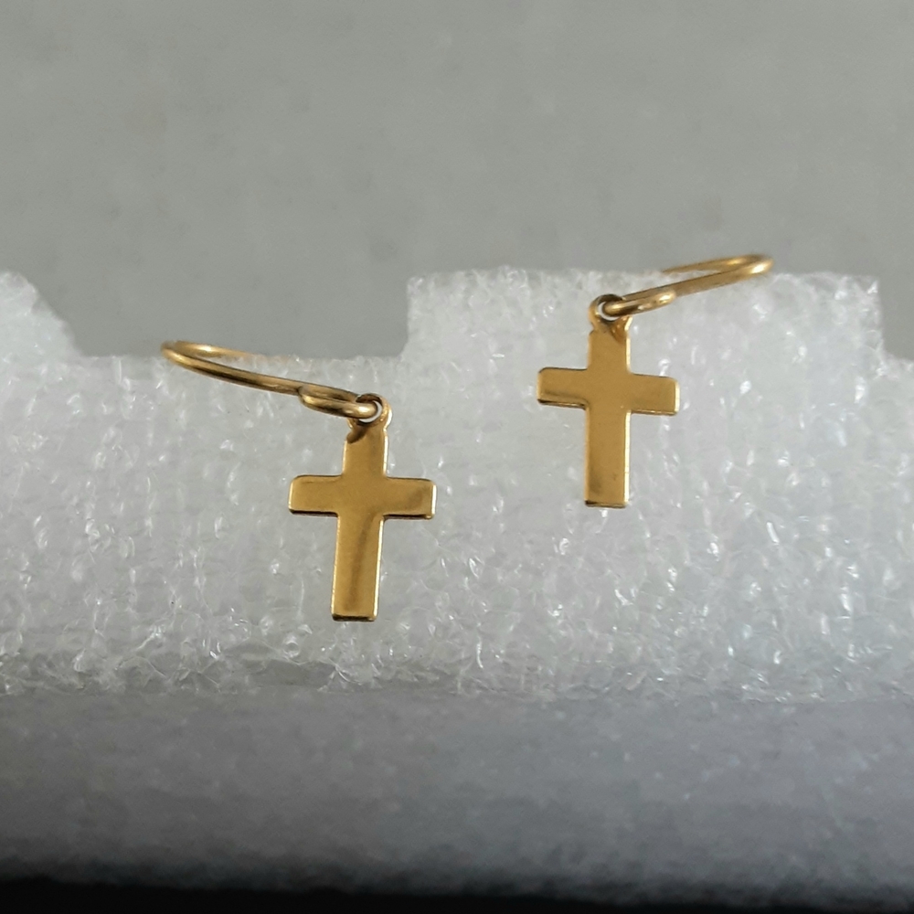 Gold Tone Cross Earrings, Small, Pierced French Hook Ear Wires